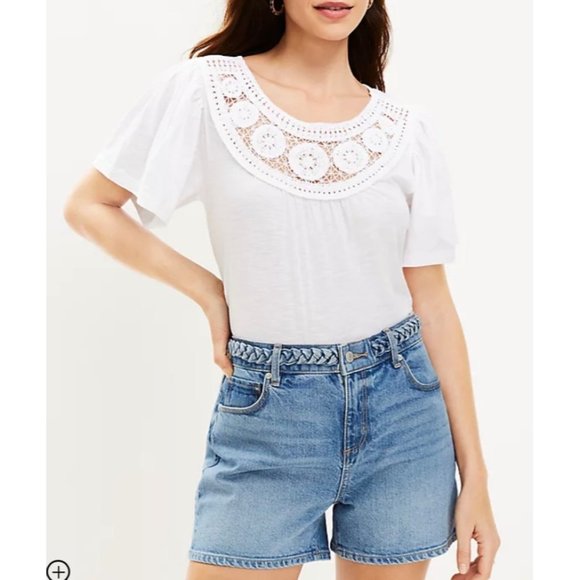 LOFT Women Crochet Yoke Flutter Sleeve Top M - Picture 1 of 16